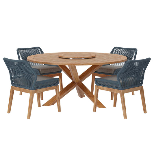 Veyra Alfresco Teak Dining Set, Blue & Natural Wood