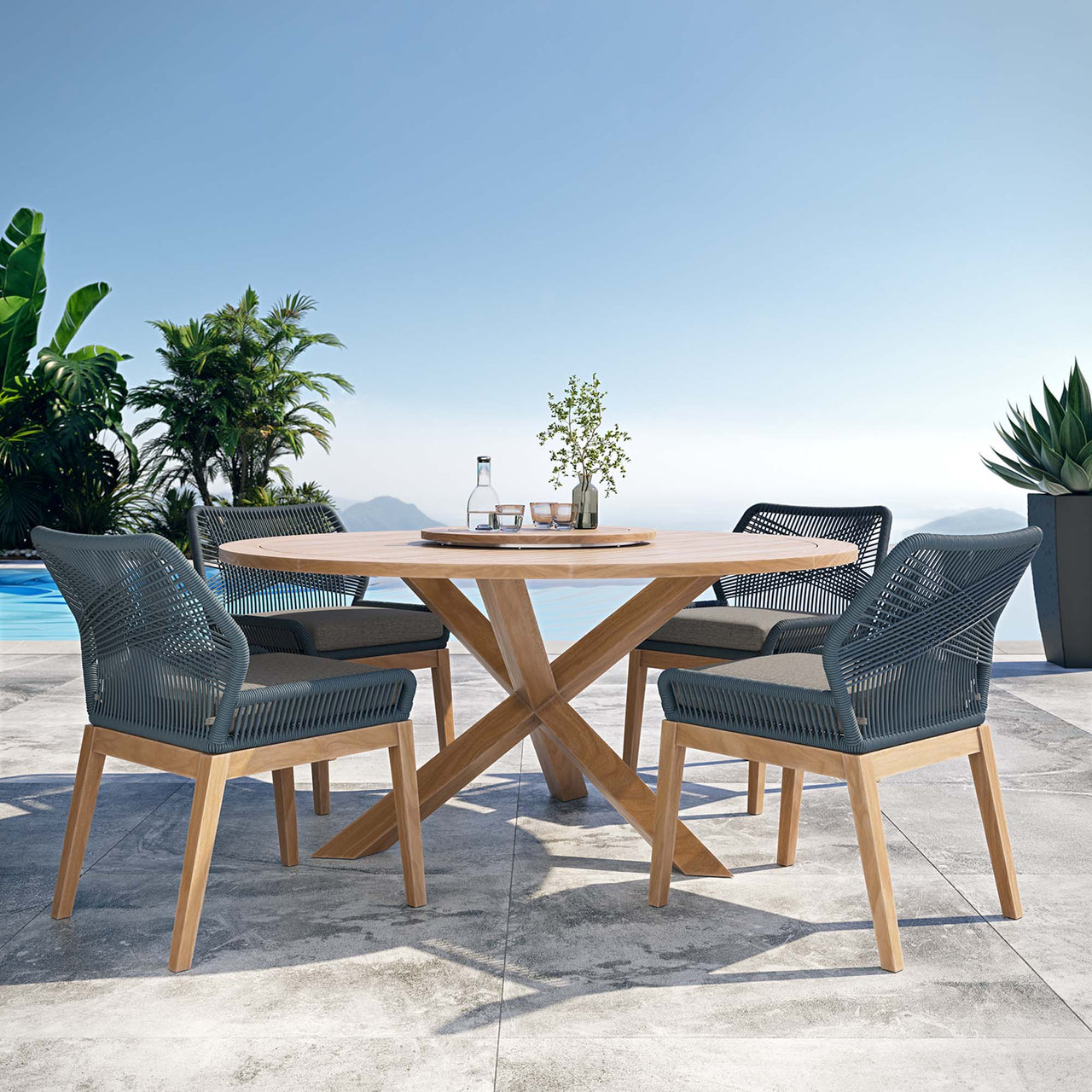 Veyra Alfresco Teak Dining Set, Blue & Natural Wood