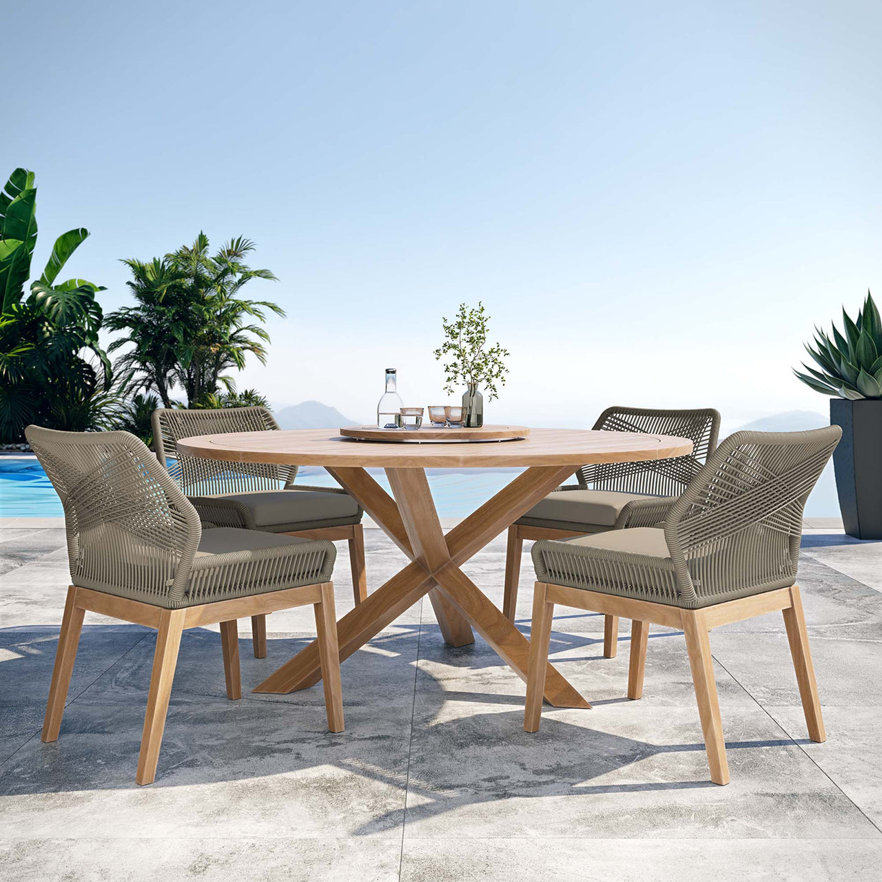 Veyra Alfresco Teak Dining Set, Light Gray & Natural Wood