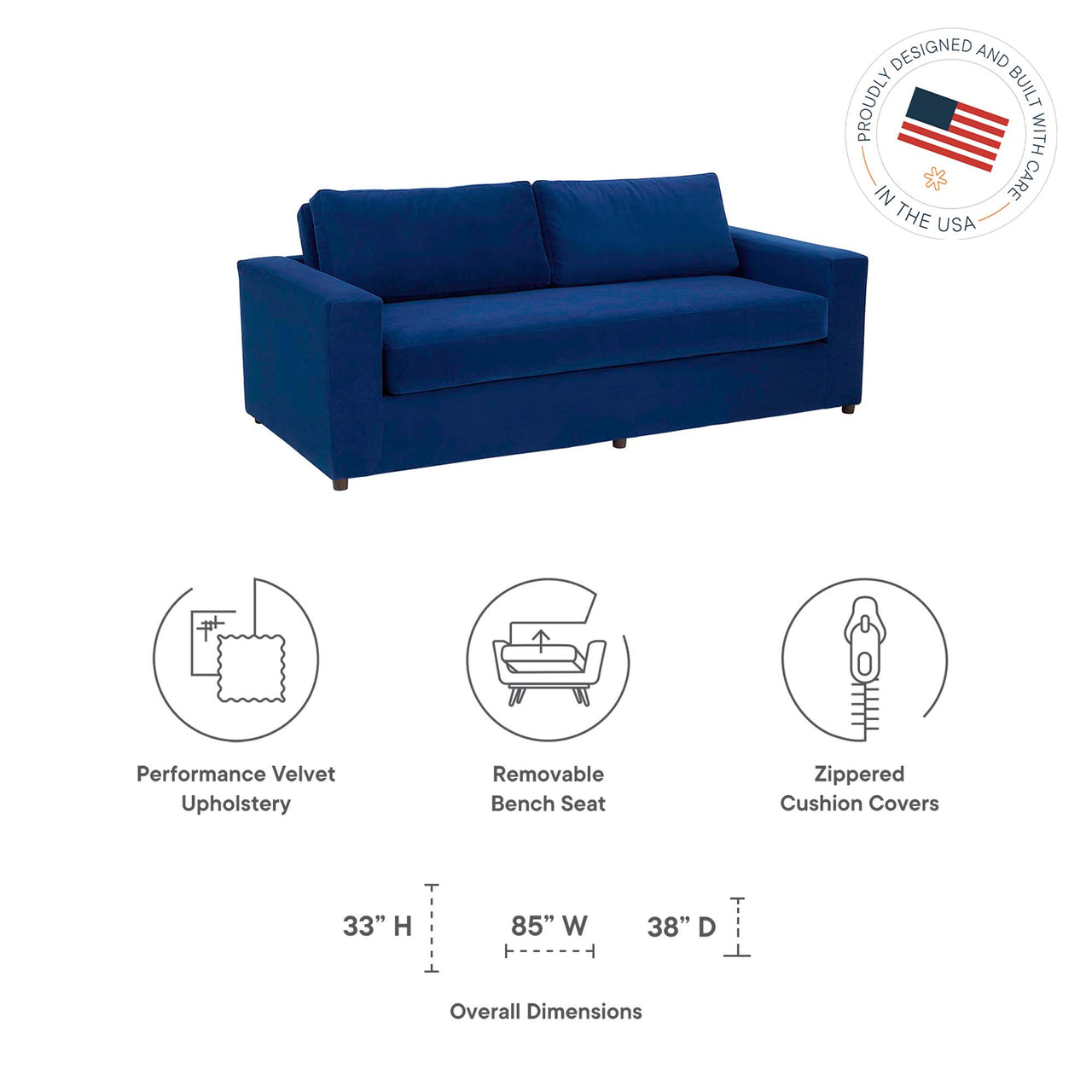 Renwick Upholstered Velvet Sofa, Navy