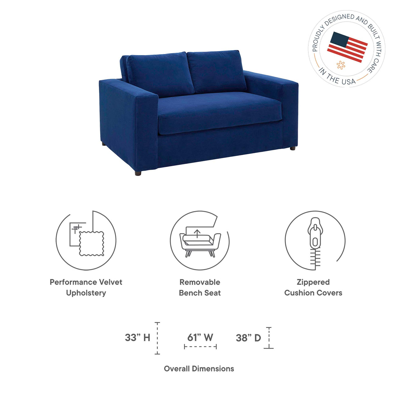 Renwick Upholstered Velvet Loveseat, Navy