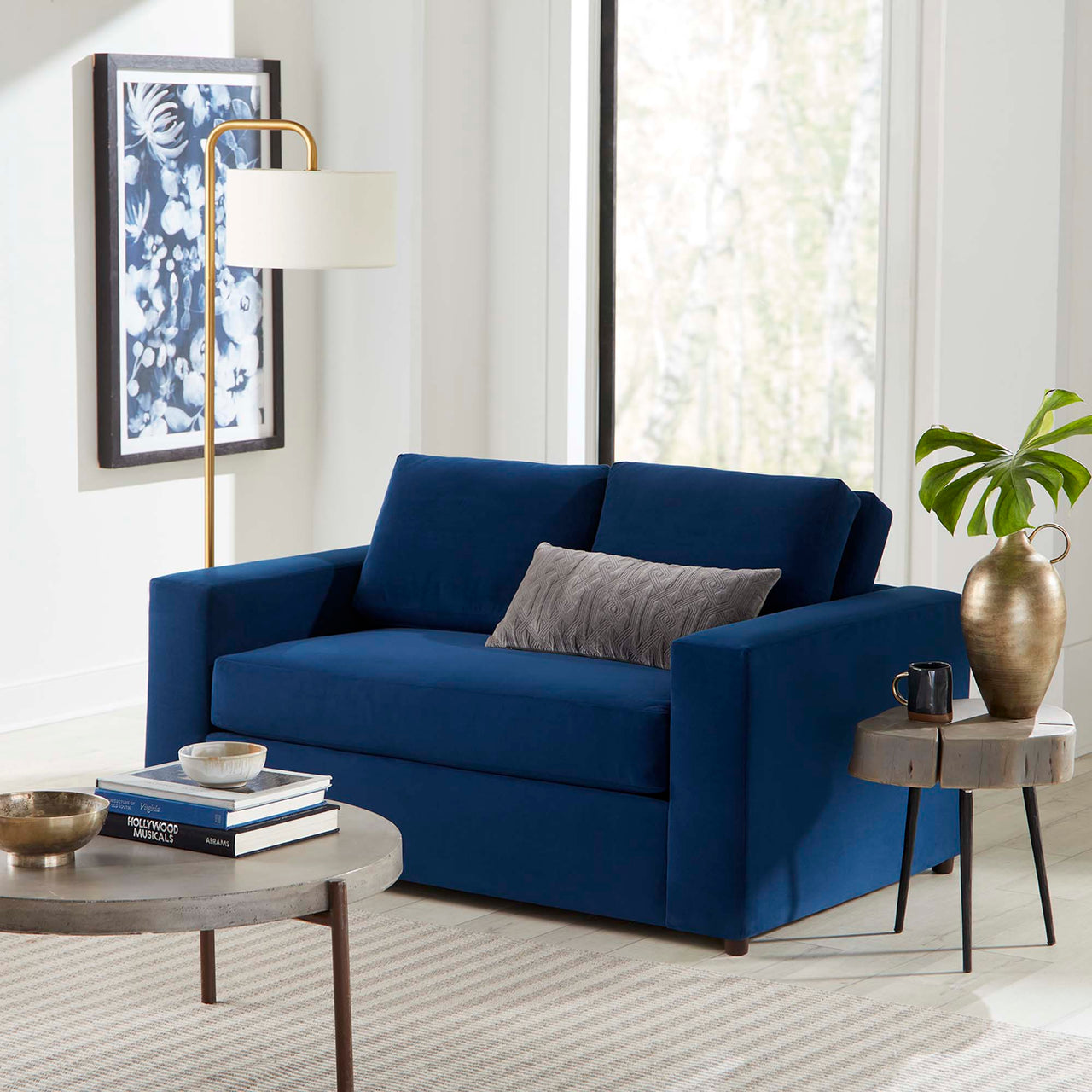Renwick Upholstered Velvet Loveseat, Navy
