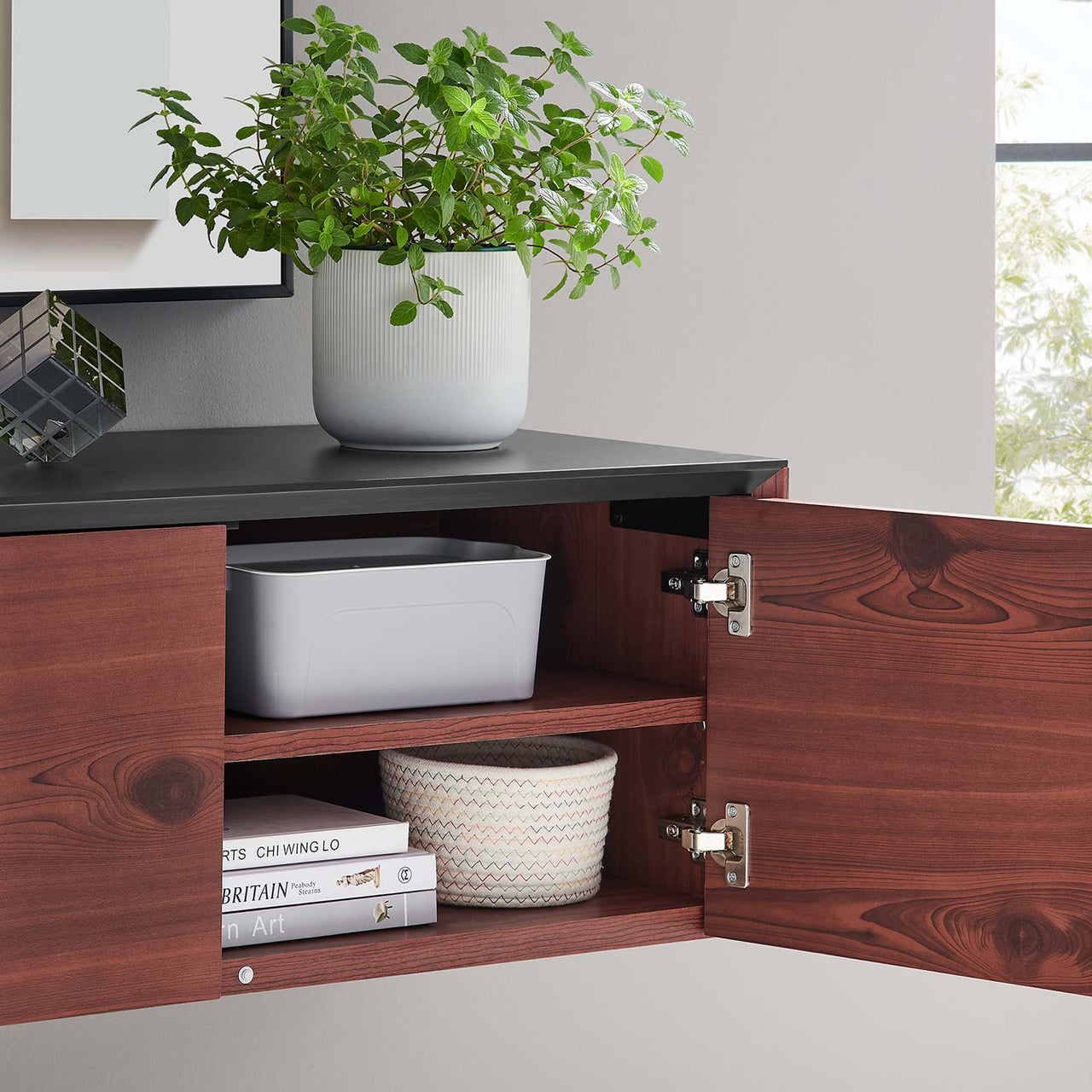 Elevare Floating Storage Cabinet, Black & Cherry Walnut