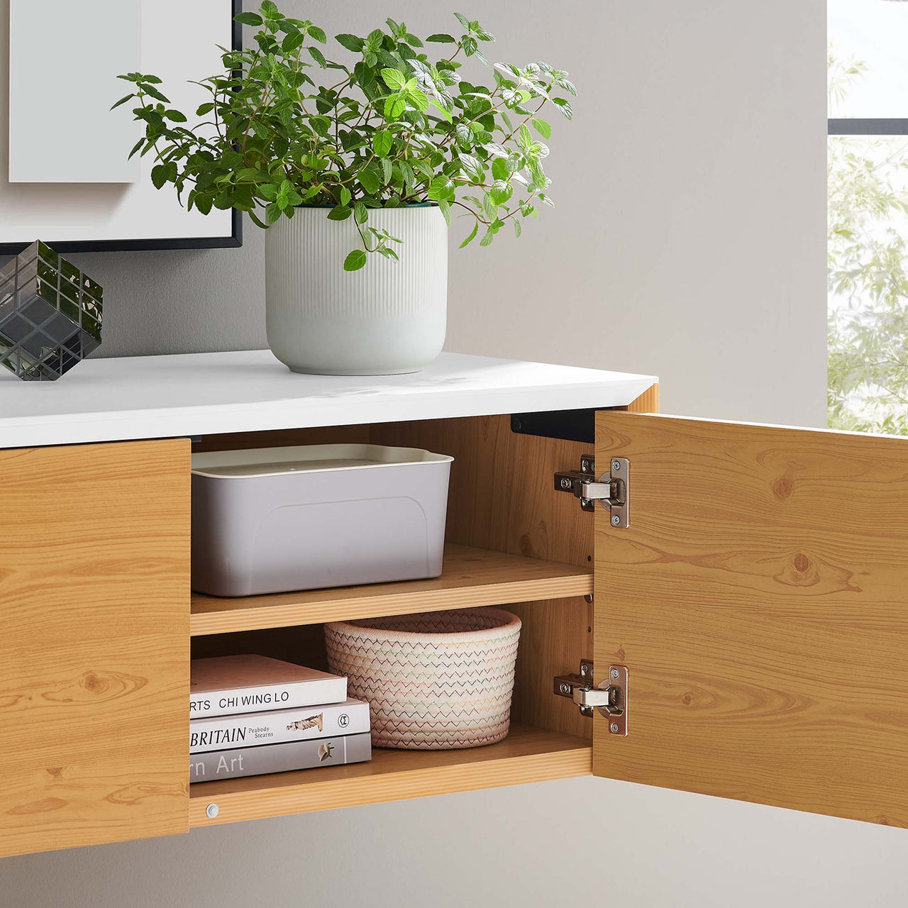 Elevare Floating Storage Cabinet, White & Natural Wood