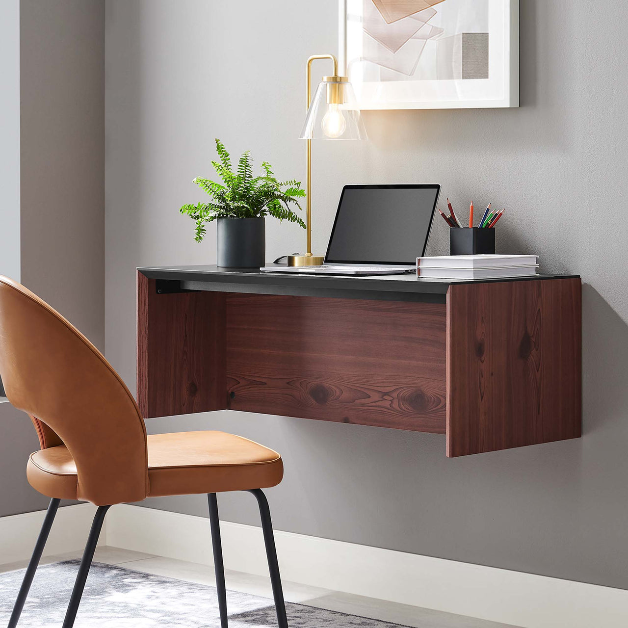 Elevare Floating Office Desk, Small, Black & Cherry Walnut