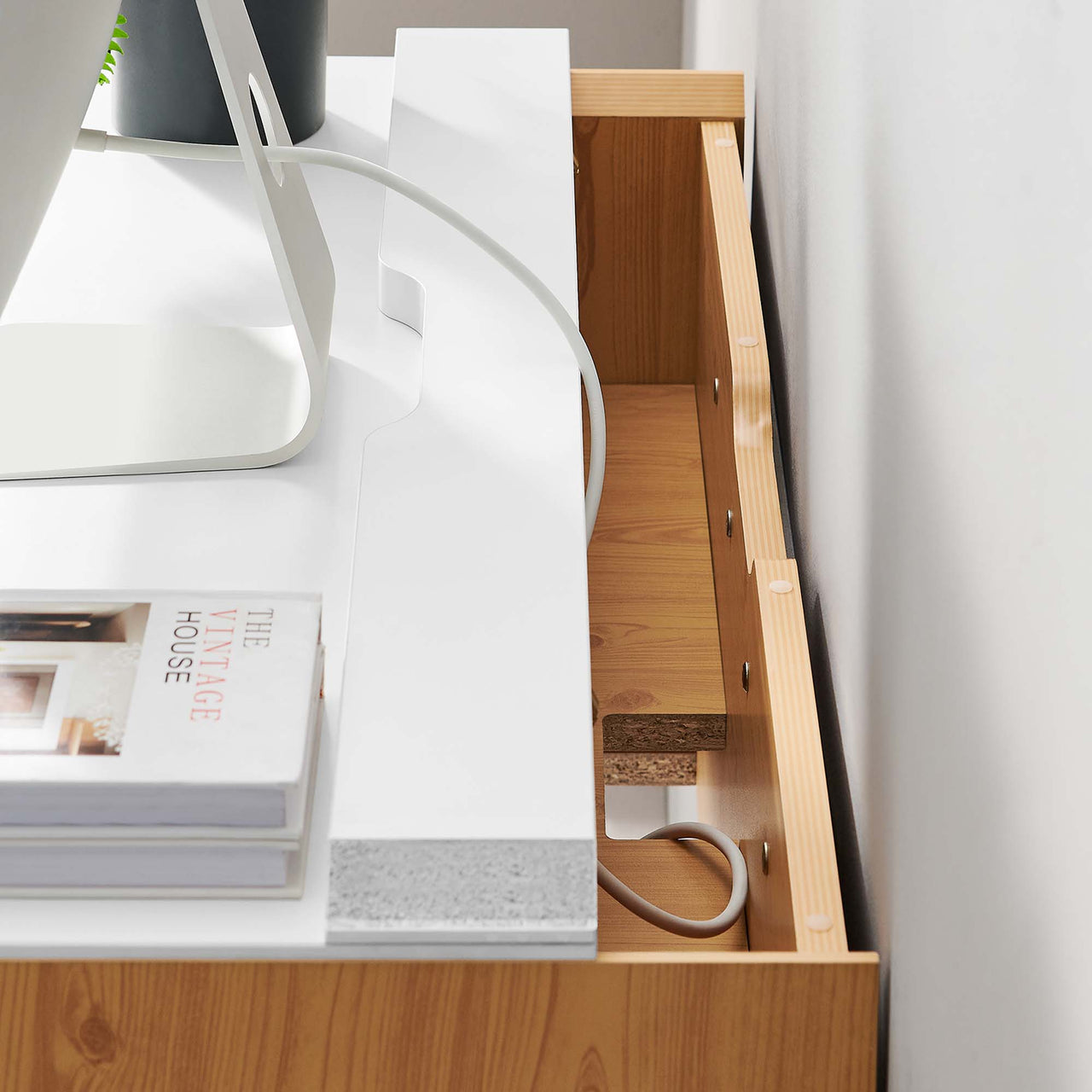 Elevare Floating Office Desk, Small, White & Natural Wood