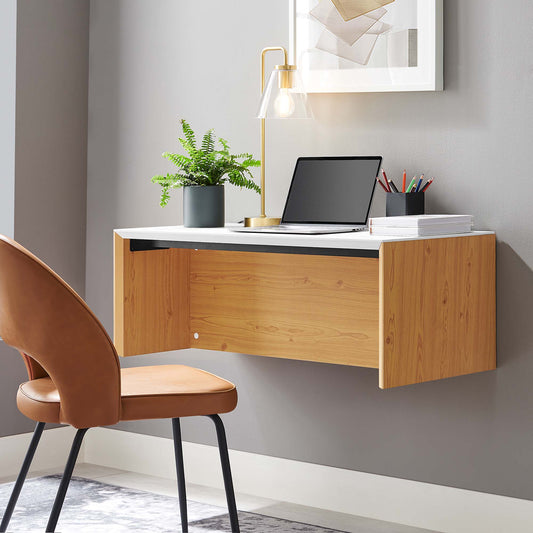 Elevare Floating Office Desk, Small, White & Natural Wood