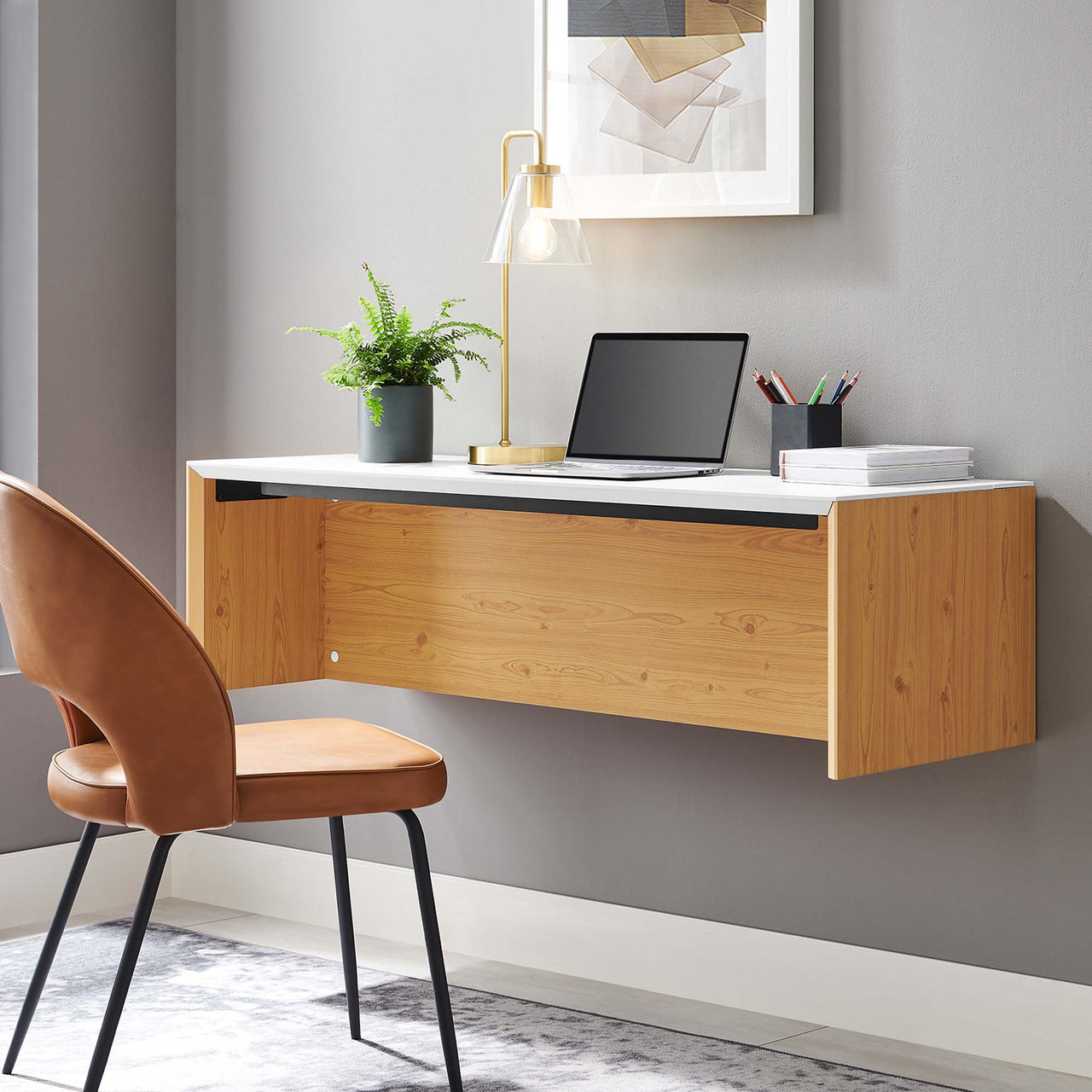 Elevare Floating Office Desk, Large, White & Natural Wood