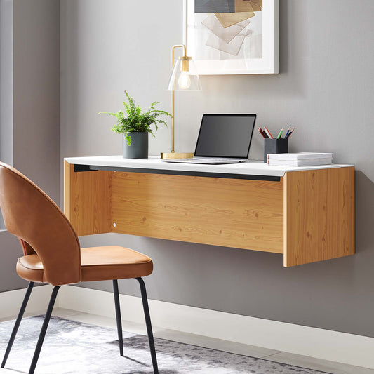 Elevare Floating Office Desk, Large, White & Natural Wood