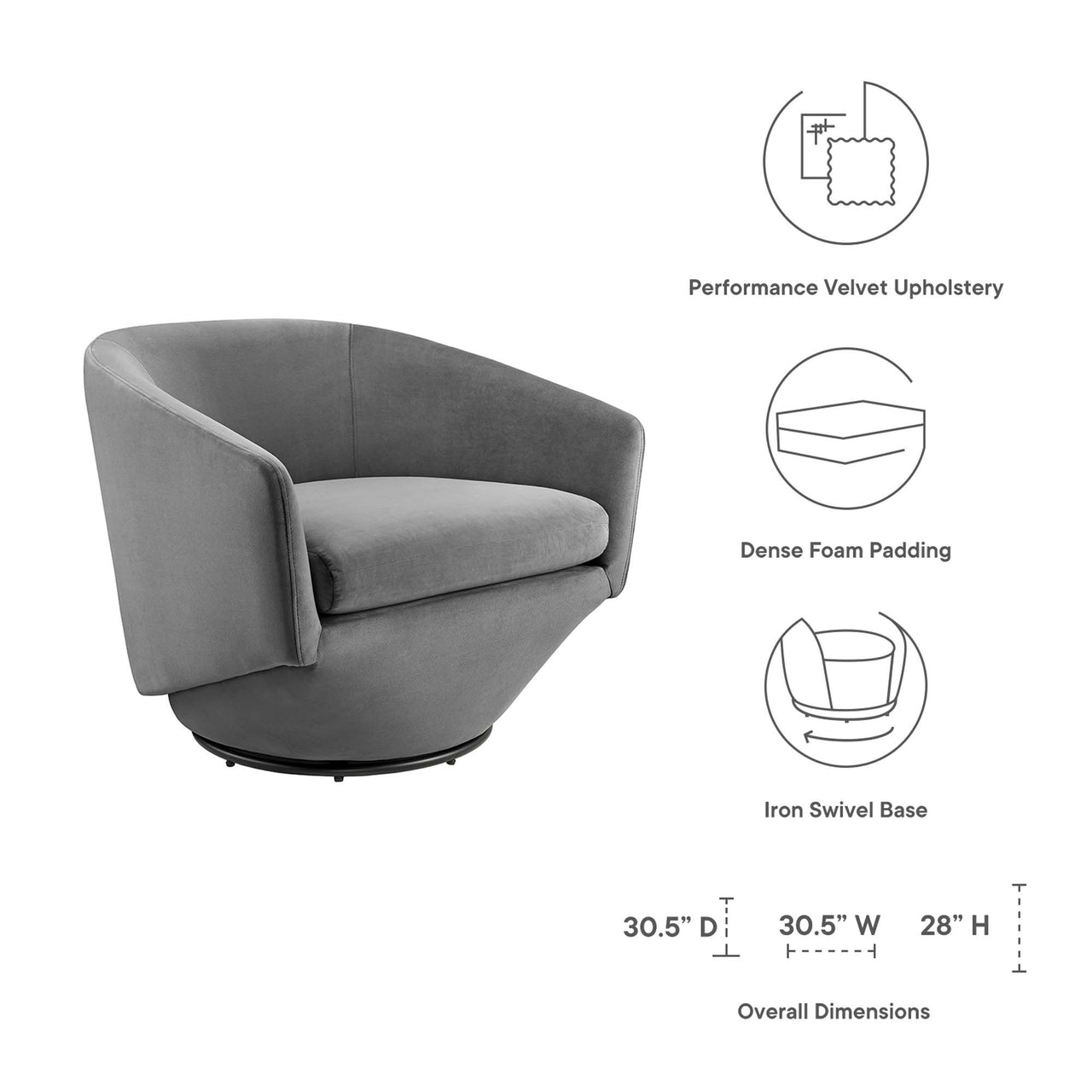 Erovian Upholstered Velvet Swivel Chair, Gray