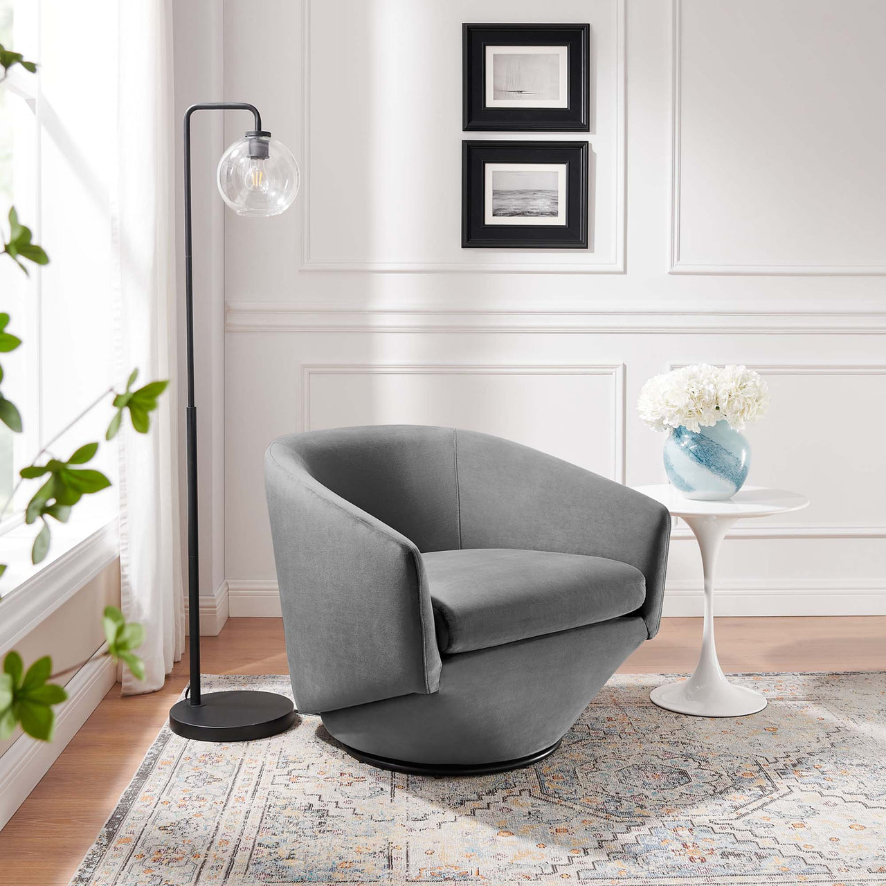 Erovian Upholstered Velvet Swivel Chair, Gray