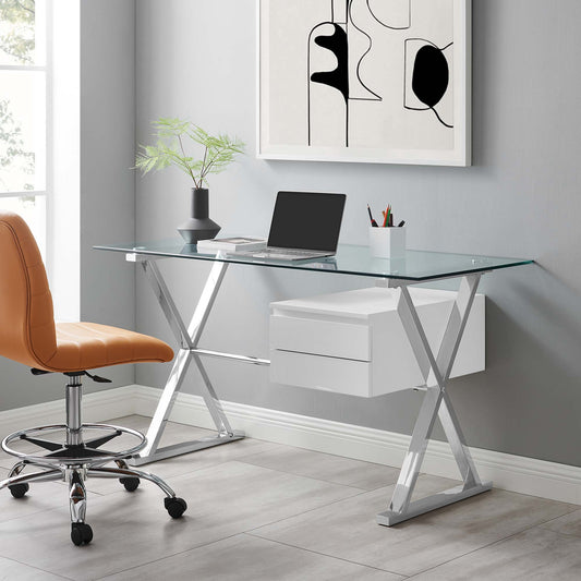 Crux 56" Glass Top Glass Office Desk, White