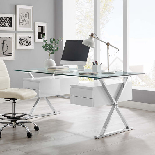 Crux 71" Glass Top Glass Office Desk, White