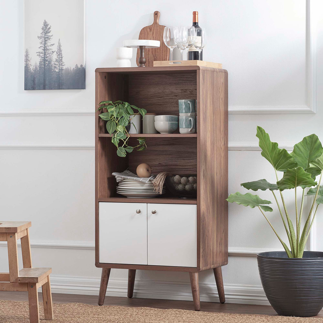 Erisen Display Cabinet Bookshelf, Walnut & White