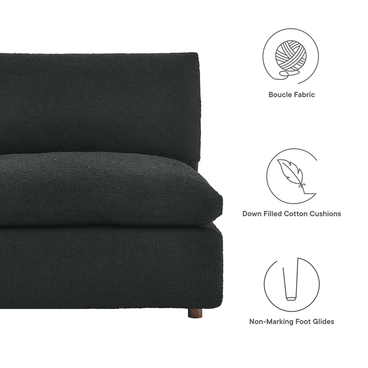 Angelic Cloudblend Boucle Armless Chair | Modular Sectional Component, Black
