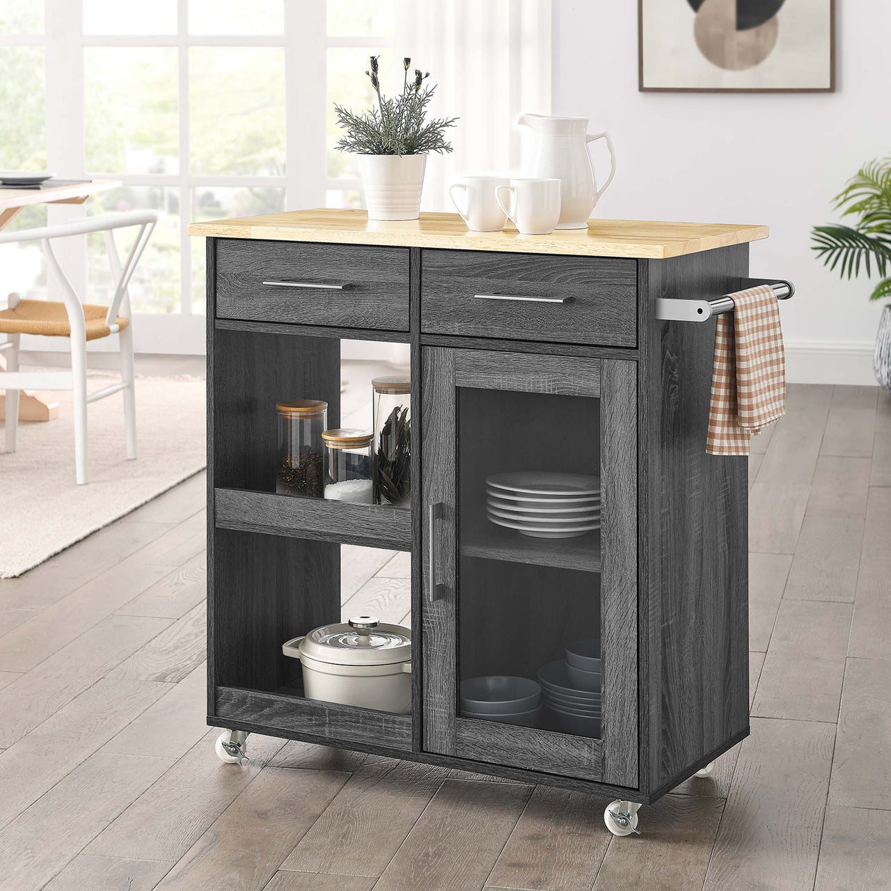 Gourmand Kitchen Pantry Cart V.1, Charcoal & Natural Wood