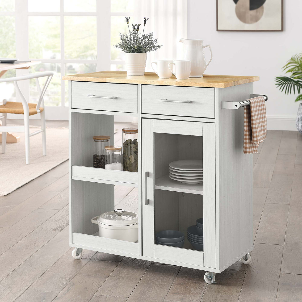Gourmand Kitchen Pantry Cart V.1, White & Natural Wood