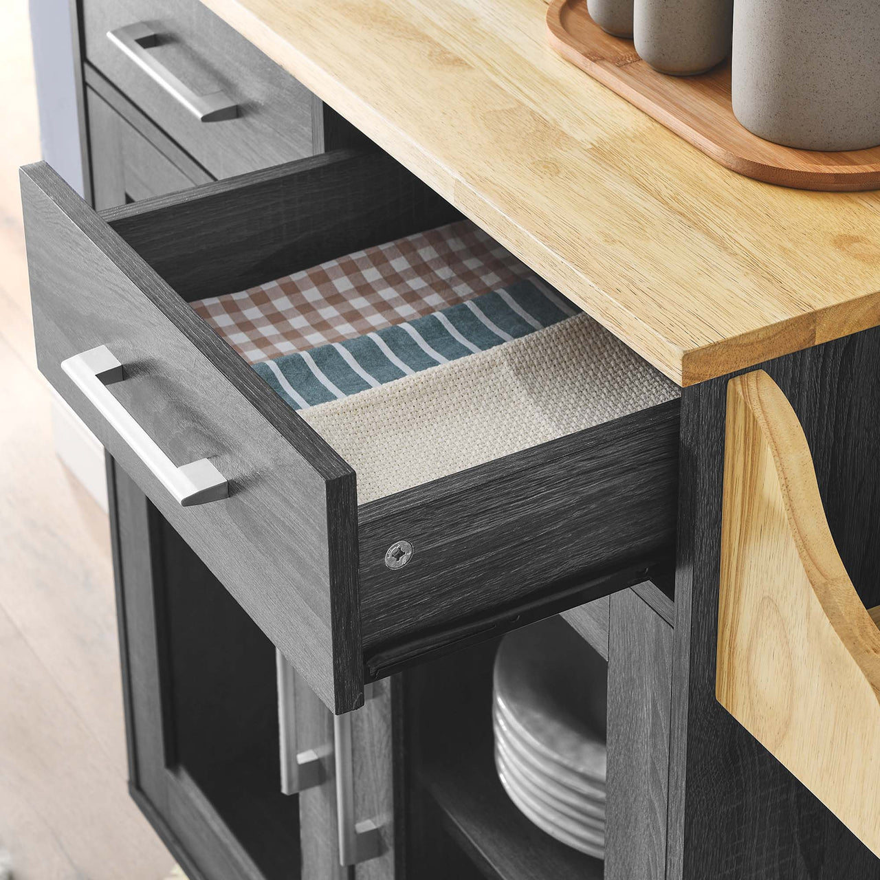 Savion Kitchen Cart, Charcoal & Natural Wood