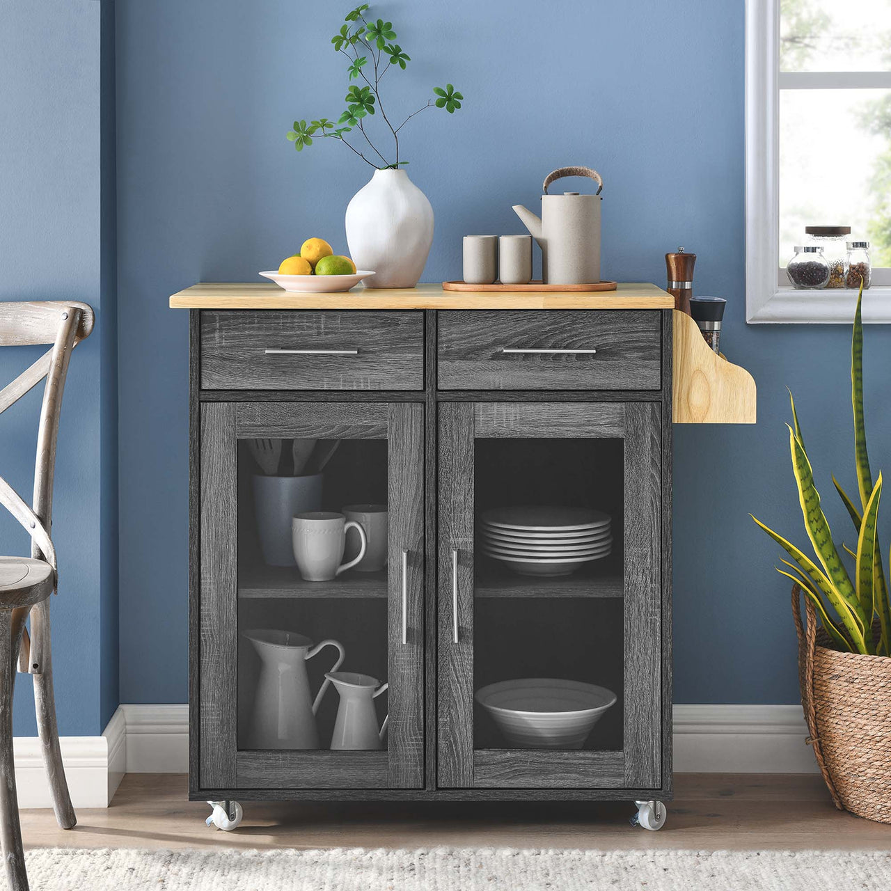 Savion Kitchen Cart, Charcoal & Natural Wood