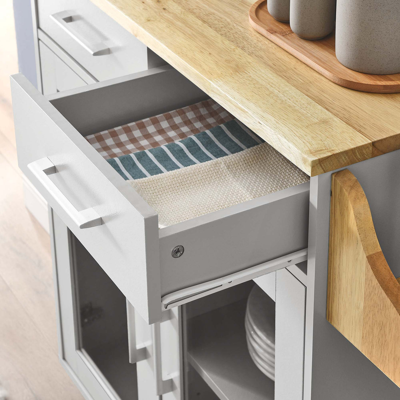 Savion Kitchen Cart, Light Gray & Natural Wood