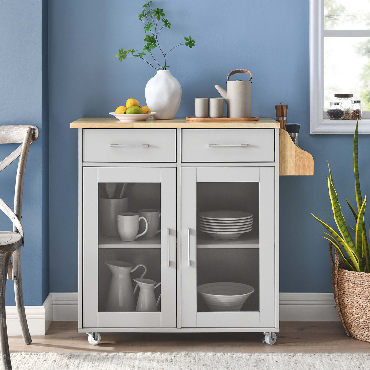 Savion Kitchen Cart, Light Gray & Natural Wood