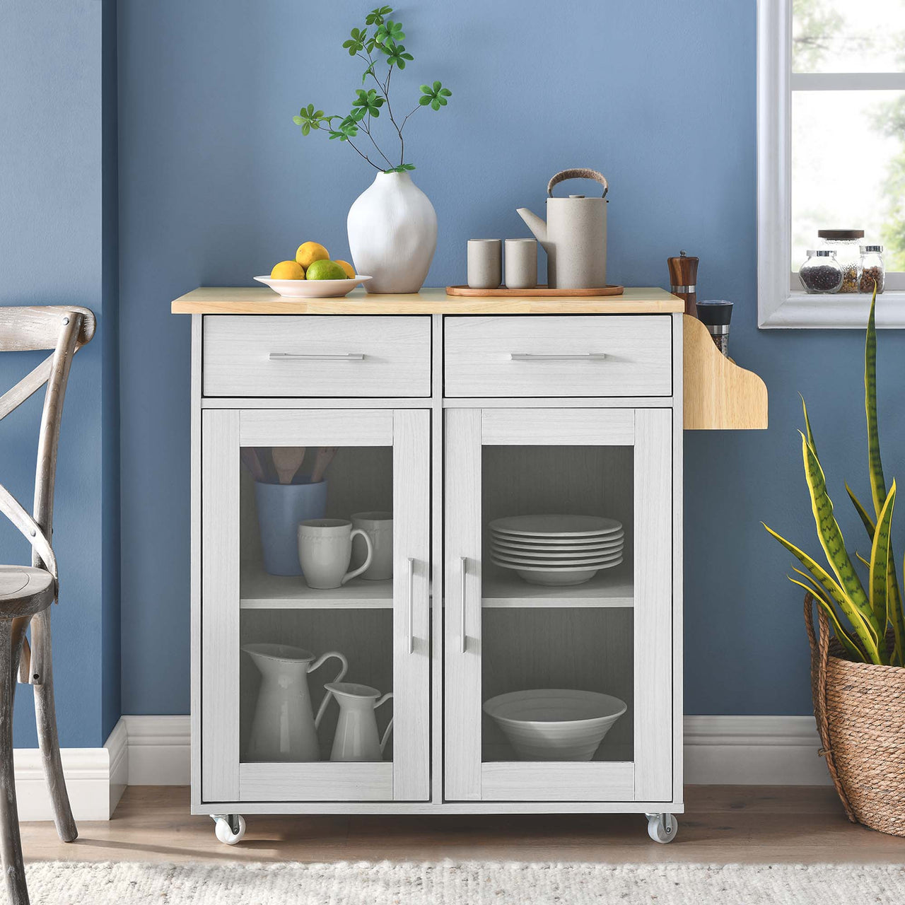 Savion Kitchen Cart, White & Natural Wood