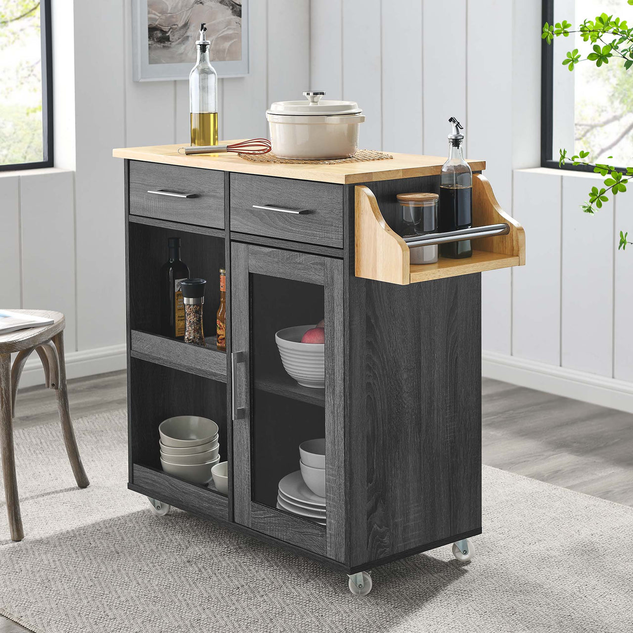 Gourmand Kitchen Pantry Cart V.2, Charcoal & Natural Wood