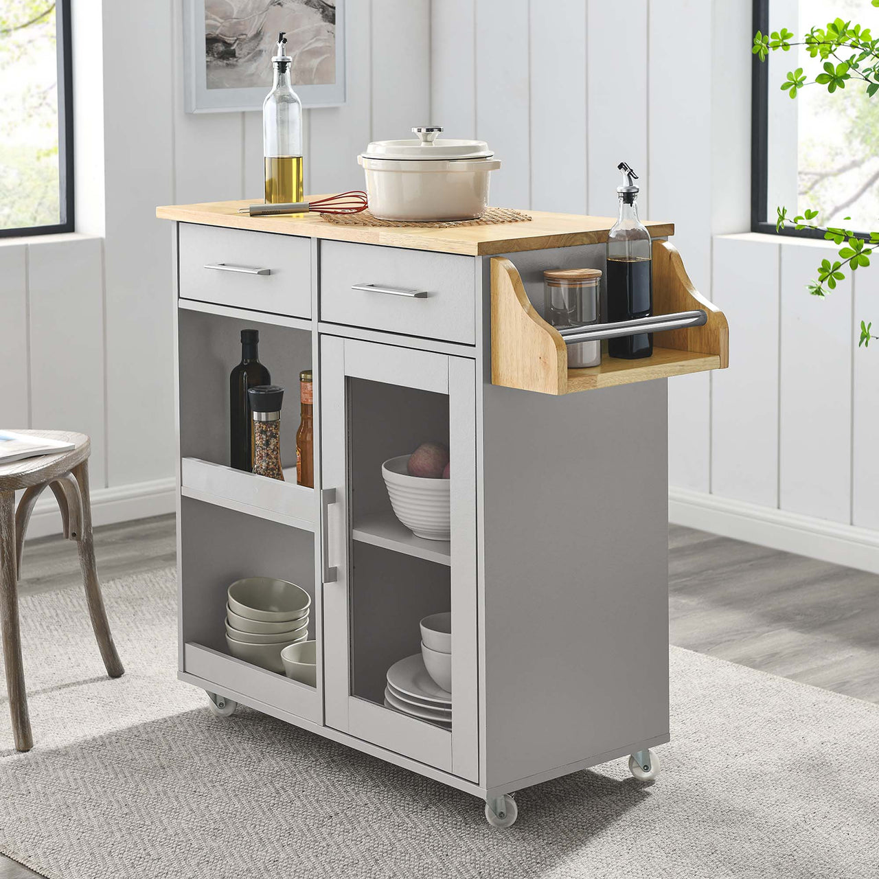 Gourmand Kitchen Pantry Cart V.2, Light Gray & Natural Wood