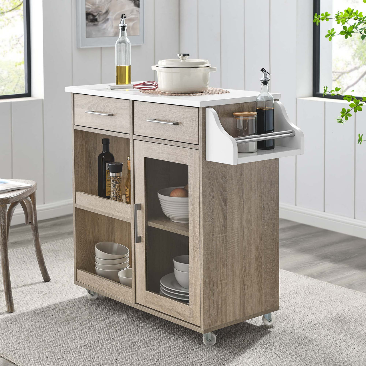 Gourmand Kitchen Pantry Cart V.2, Oak & White