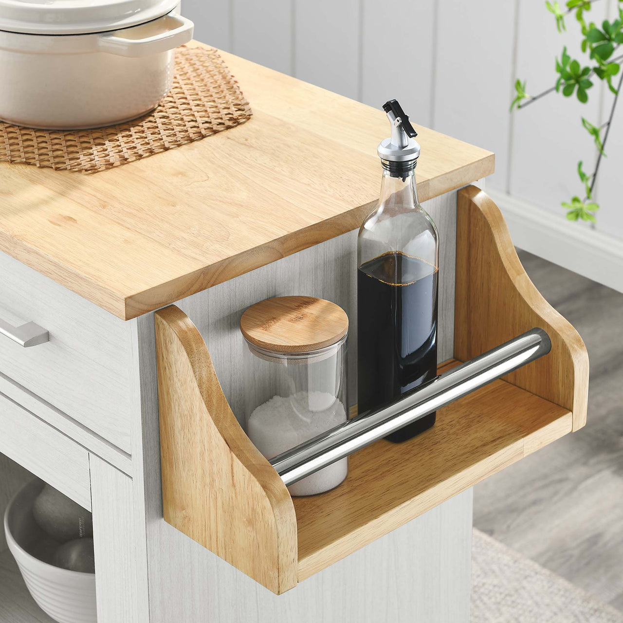 Gourmand Kitchen Pantry Cart V.2, White & Natural Wood