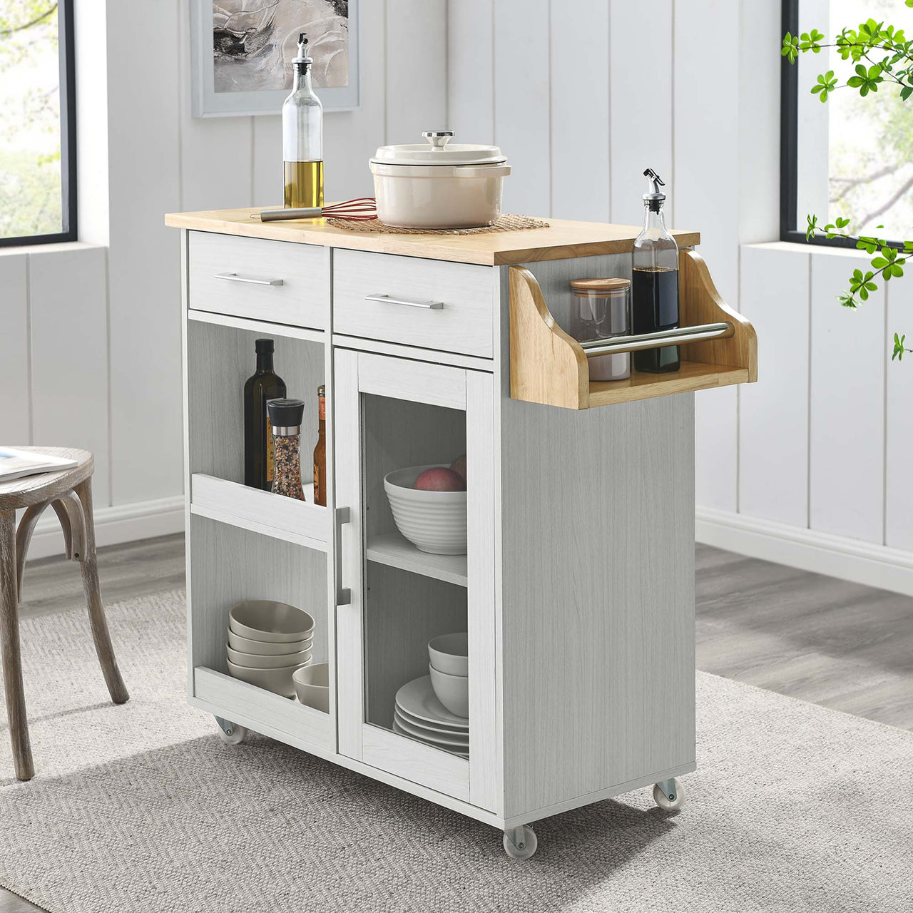 Gourmand Kitchen Pantry Cart V.2, White & Natural Wood