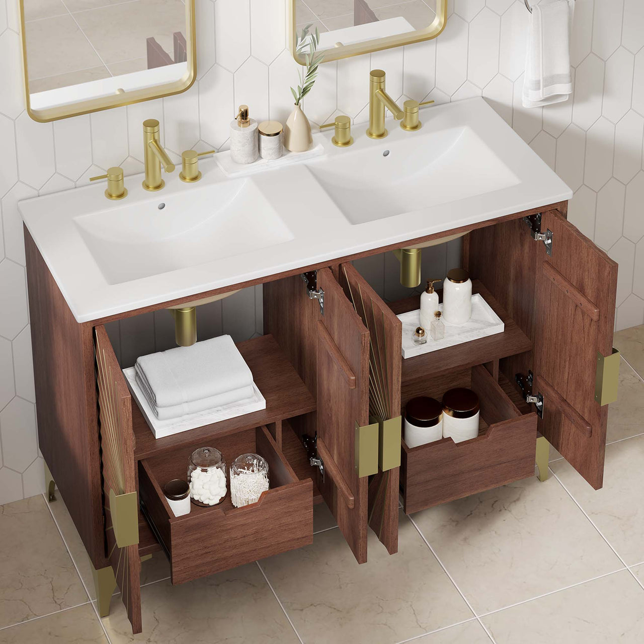 Sol Double Sink Vanity Unit, Extra Large, White & Walnut