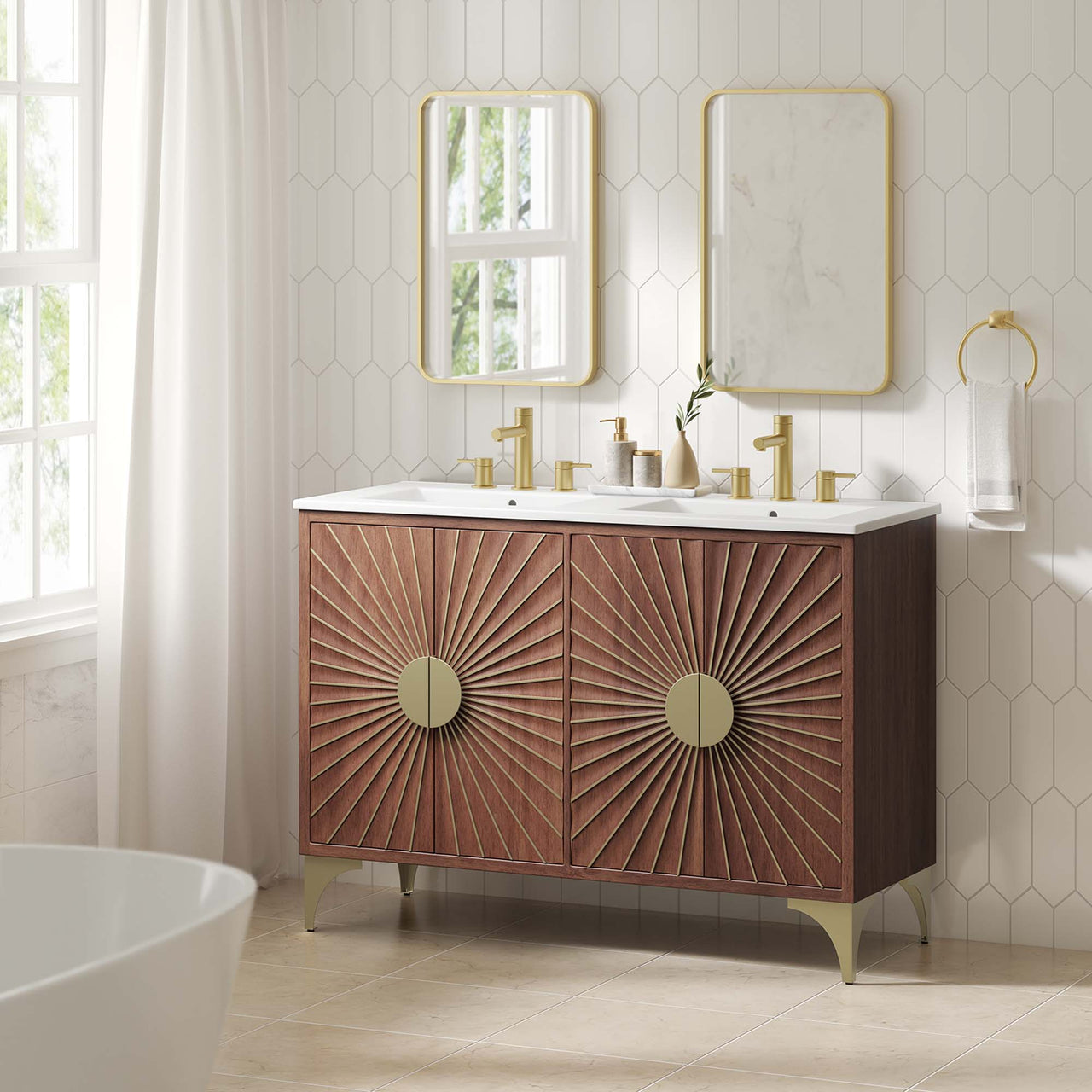 Sol Double Sink Vanity Unit, Extra Large, White & Walnut