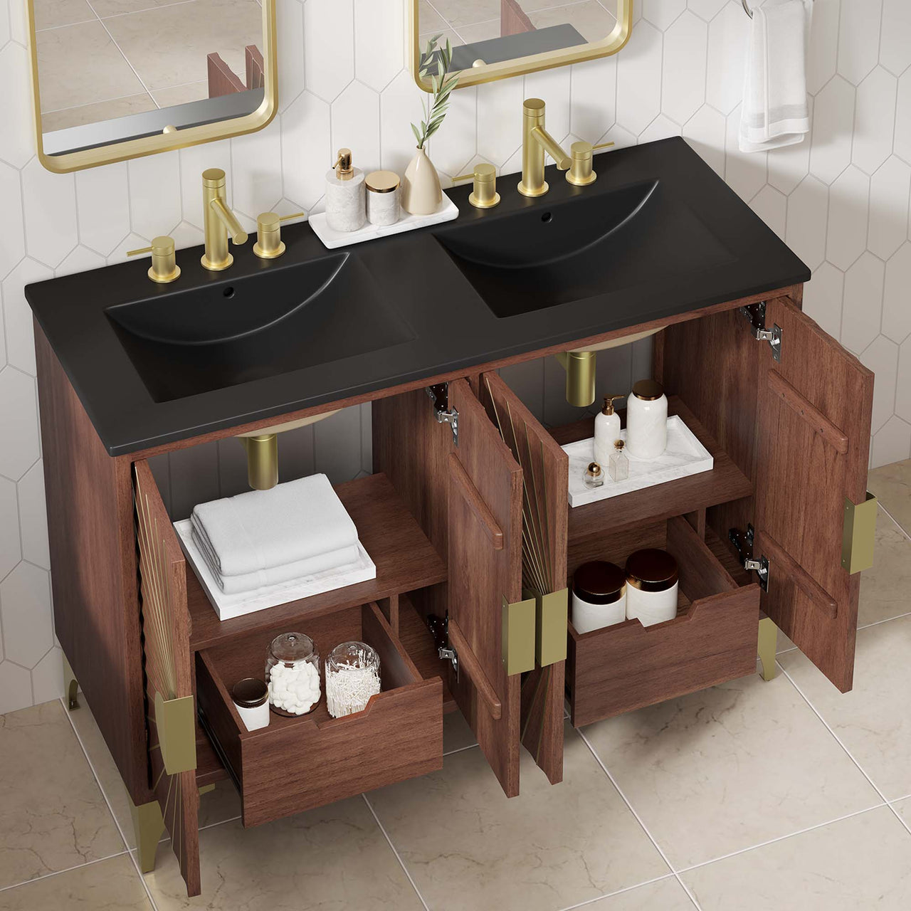 Sol Double Sink Vanity Unit, Extra Large, Black & Walnut