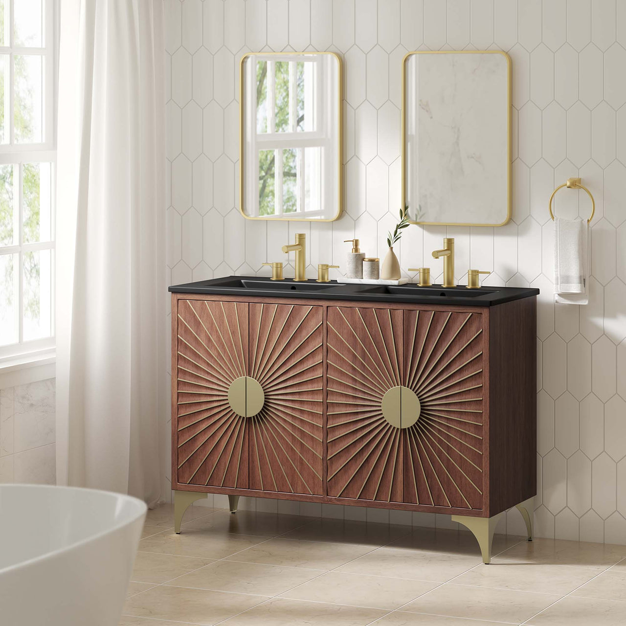 Sol Double Sink Vanity Unit, Extra Large, Black & Walnut