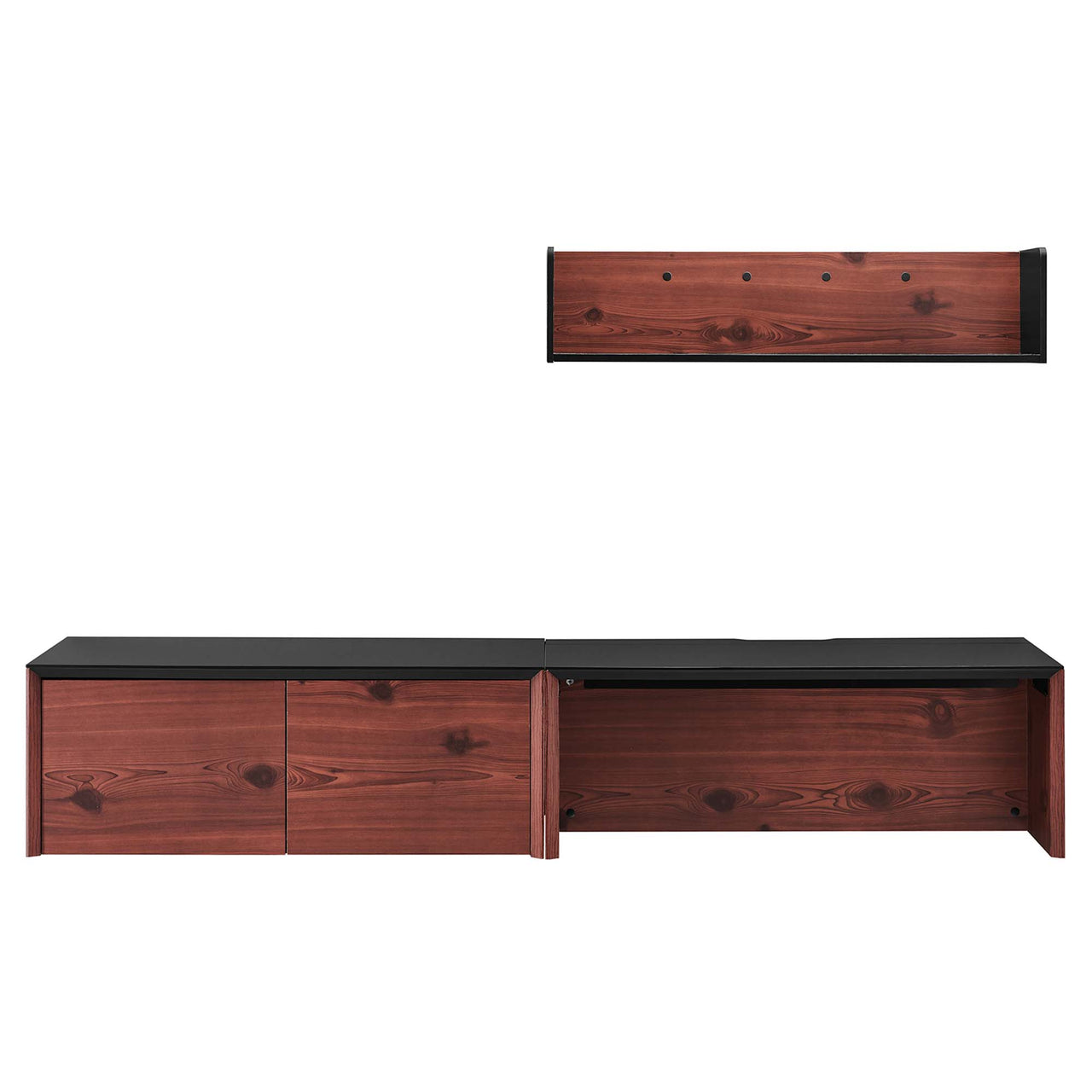 Elevare Small Floating Office Desk, Cabinet and Shelf Set, Black & Cherry Walnut