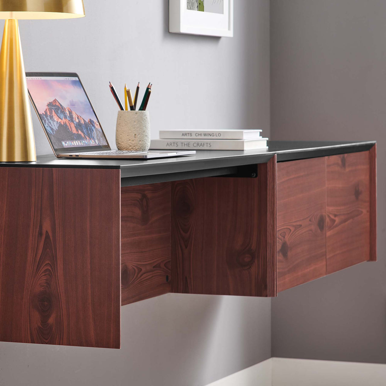 Elevare Small Floating Office Desk, Cabinet and Shelf Set, Black & Cherry Walnut