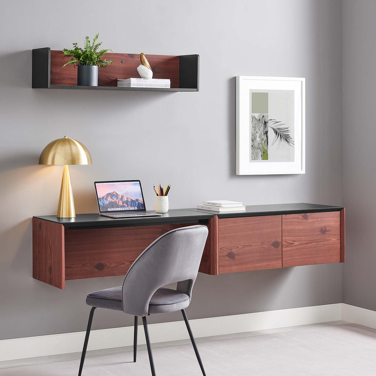 Elevare Small Floating Office Desk, Cabinet and Shelf Set, Black & Cherry Walnut