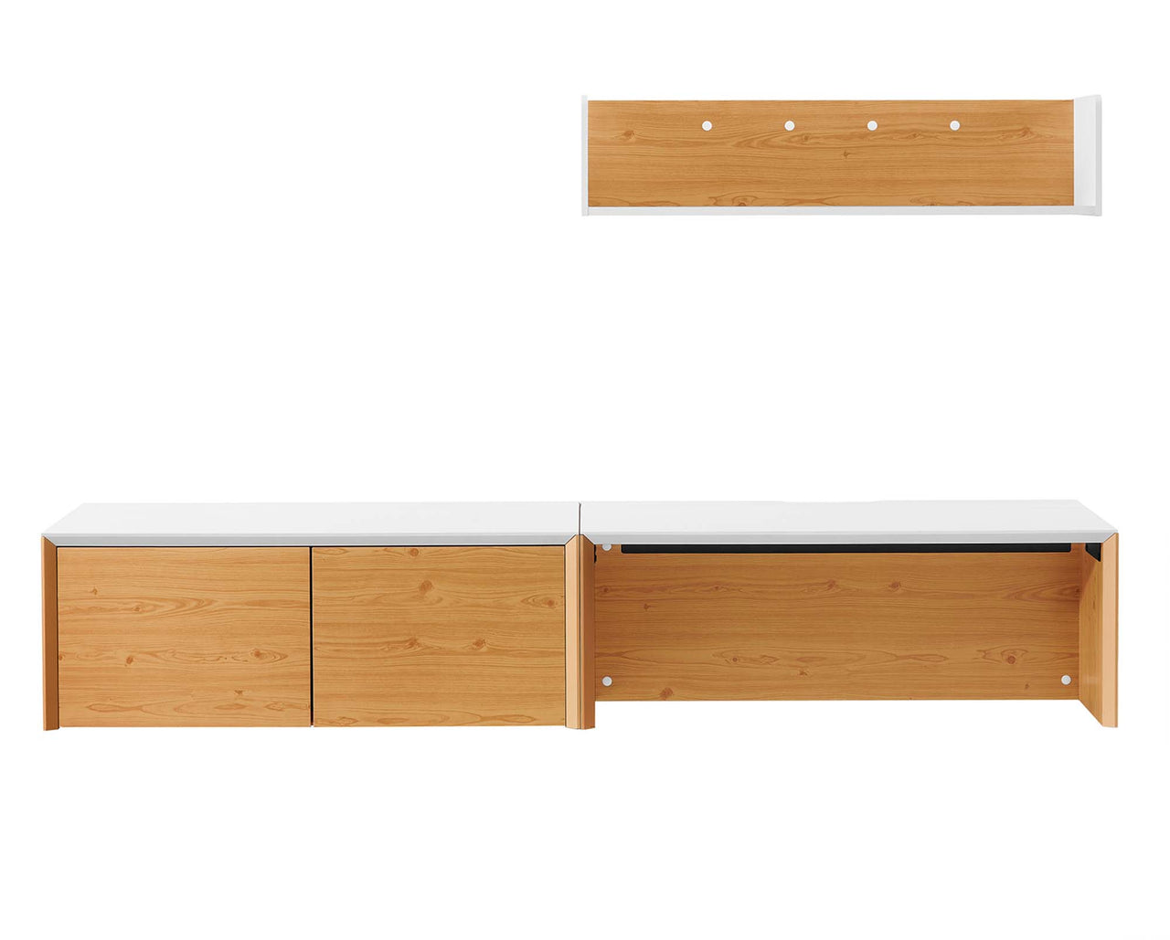 Elevare Small Floating Office Desk, Cabinet and Shelf Set, White & Natural Wood