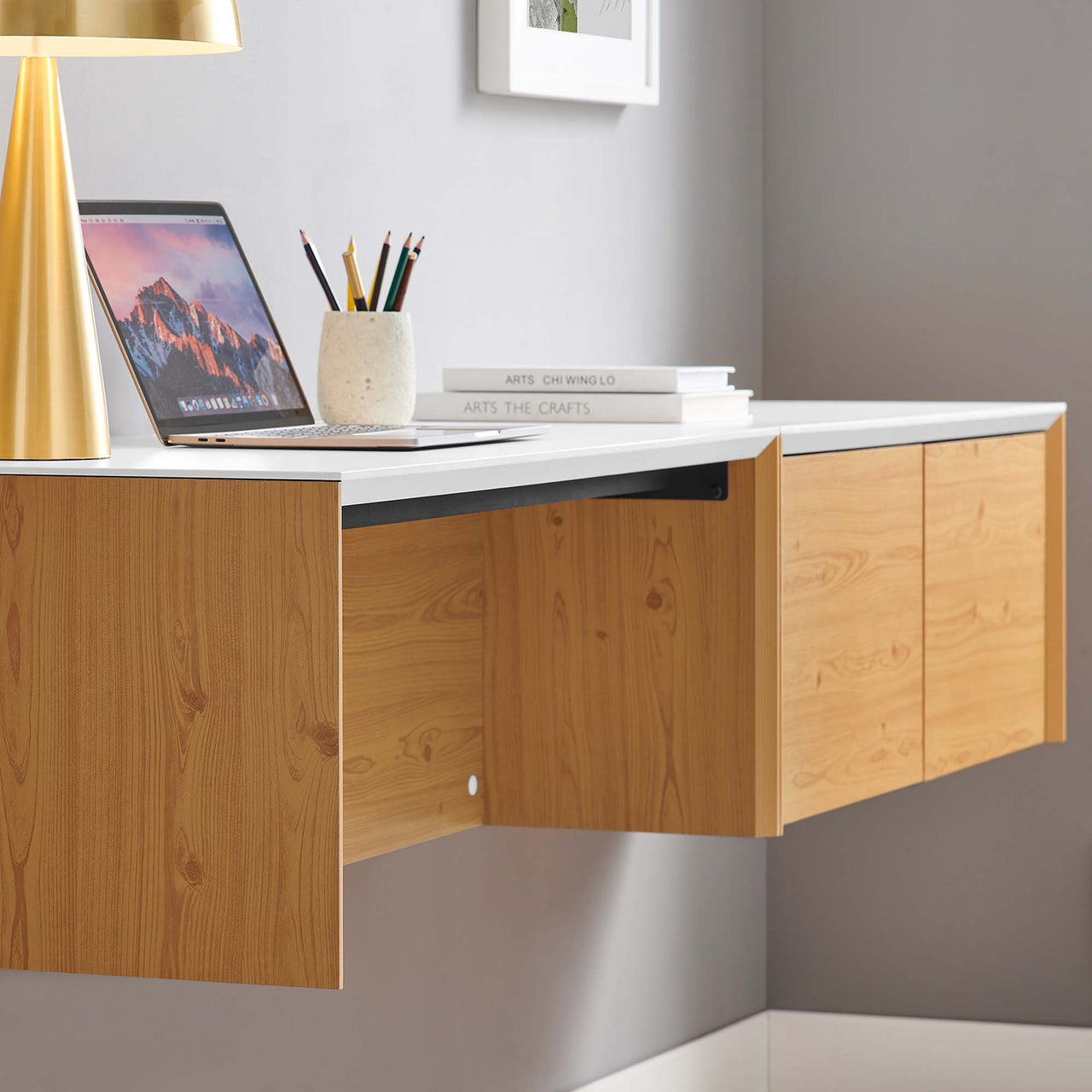 Elevare Small Floating Office Desk, Cabinet and Shelf Set, White & Natural Wood