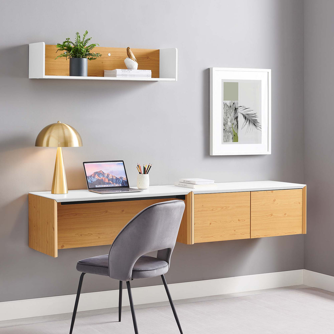 Elevare Small Floating Office Desk, Cabinet and Shelf Set, White & Natural Wood