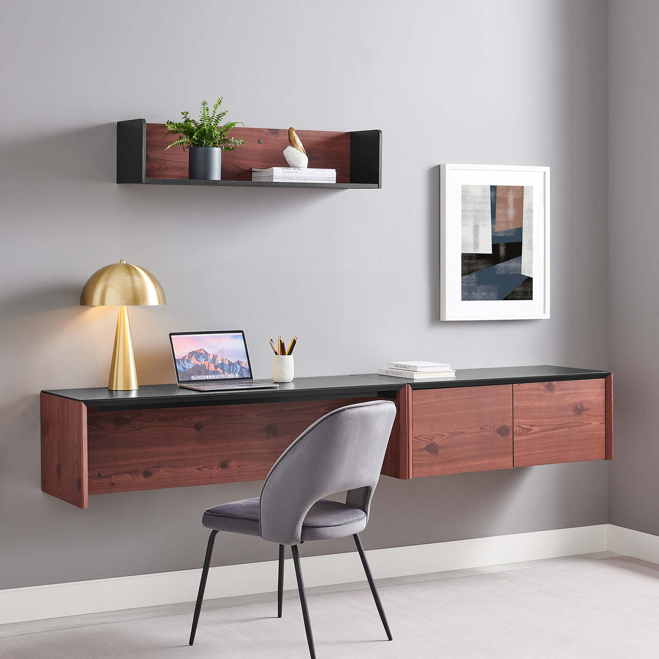 Elevare Large Floating Office Desk, Cabinet and Shelf Set, Black & Cherry Walnut