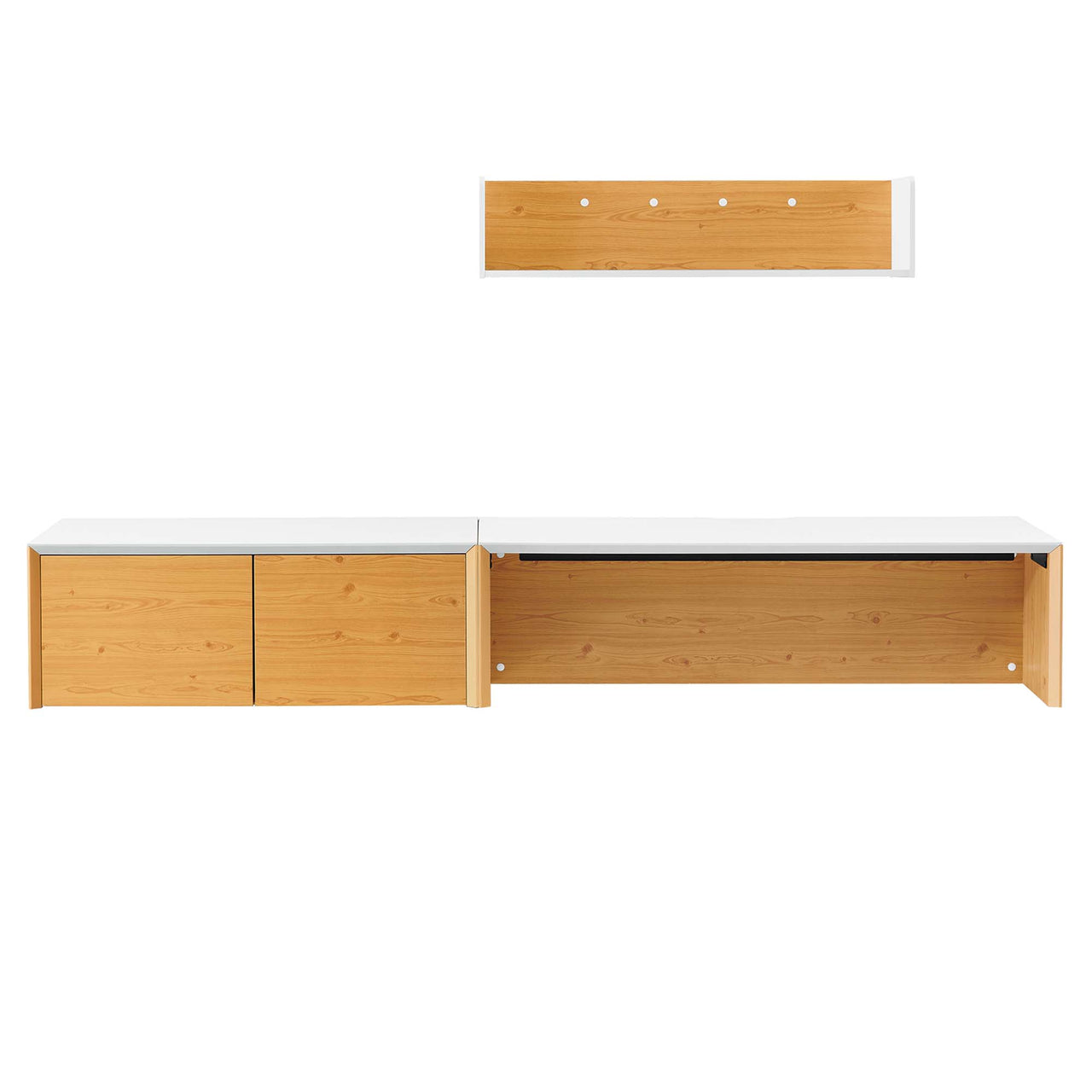 Elevare Large Floating Office Desk, Cabinet and Shelf Set, White & Natural Wood