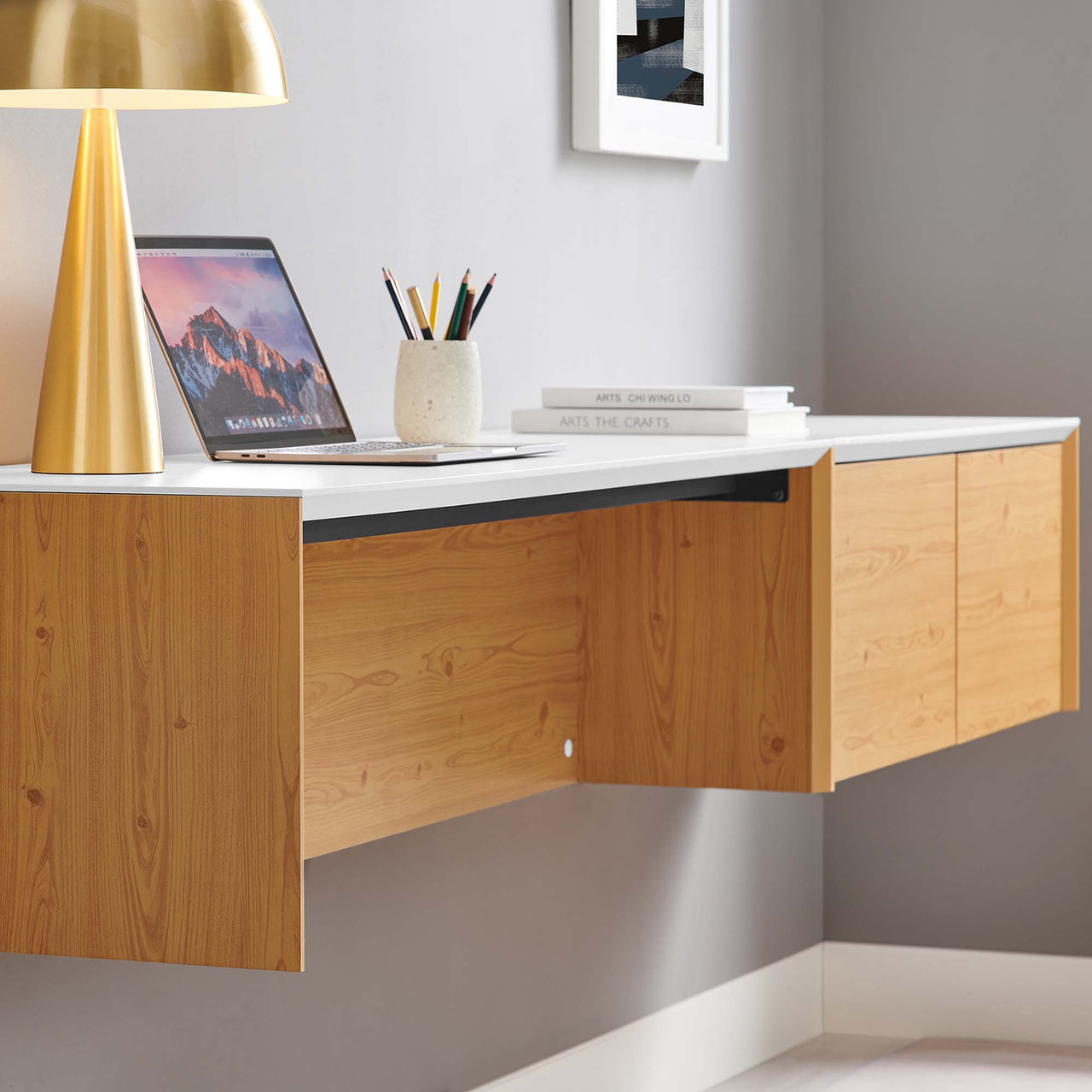 Elevare Large Floating Office Desk, Cabinet and Shelf Set, White & Natural Wood