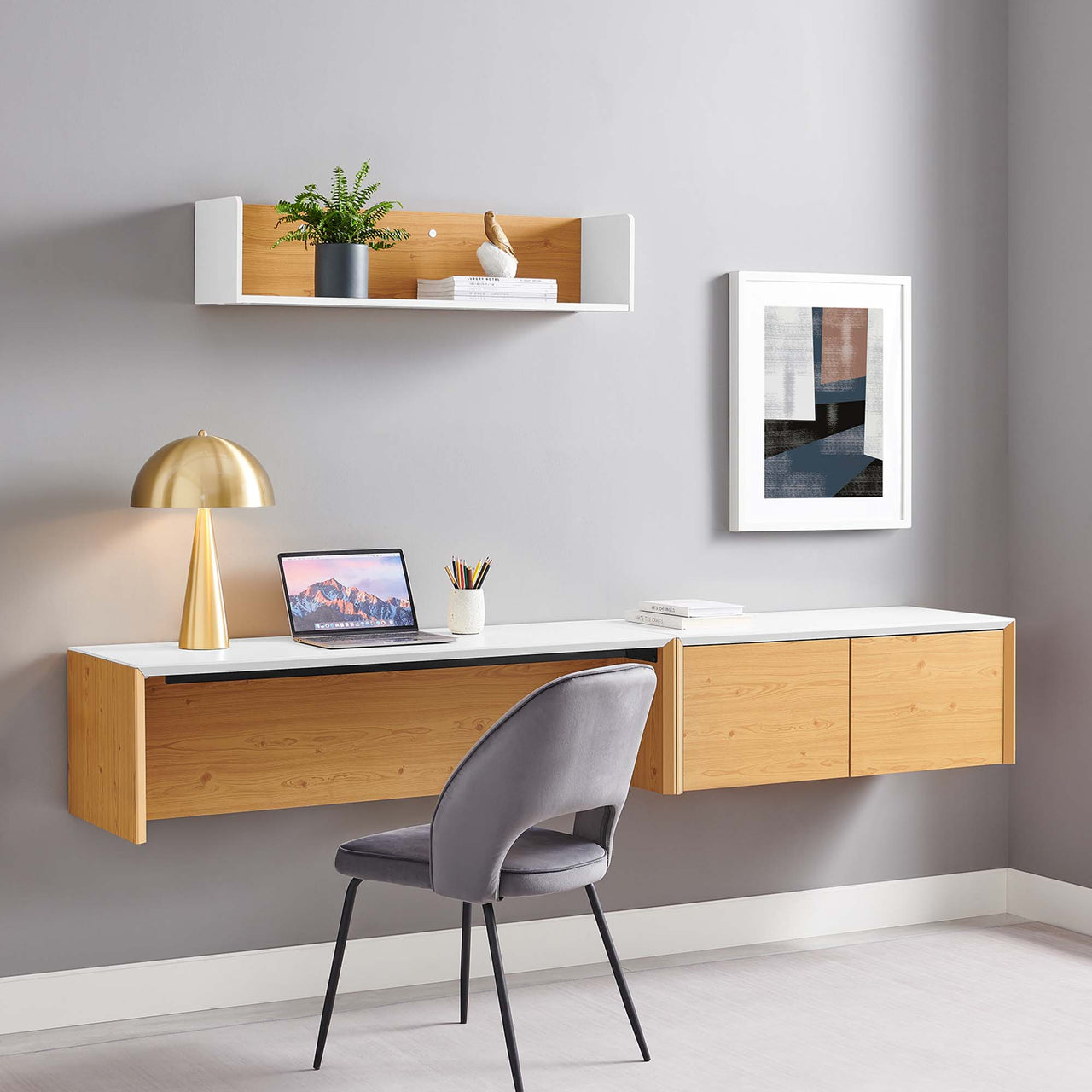 Elevare Large Floating Office Desk, Cabinet and Shelf Set, White & Natural Wood