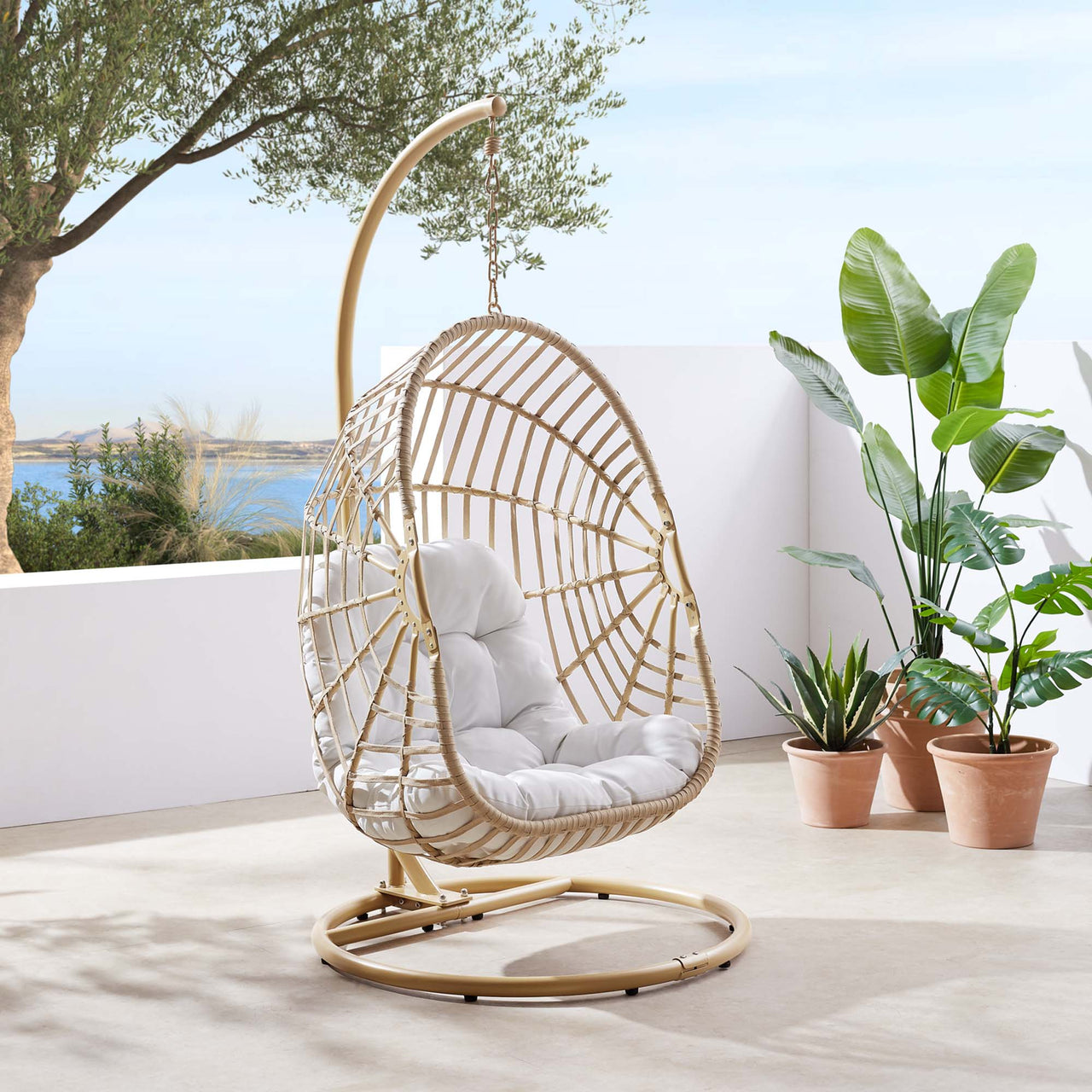 Charlotte Swing Chair w/ Stand, Natural Wood & White