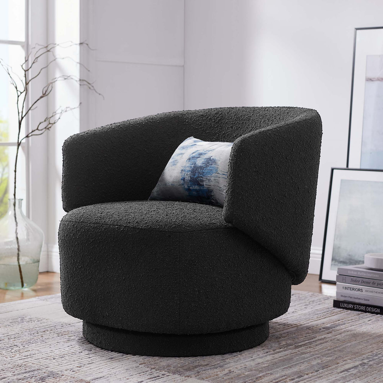 Elarin Boucle Swivel Chair, Black