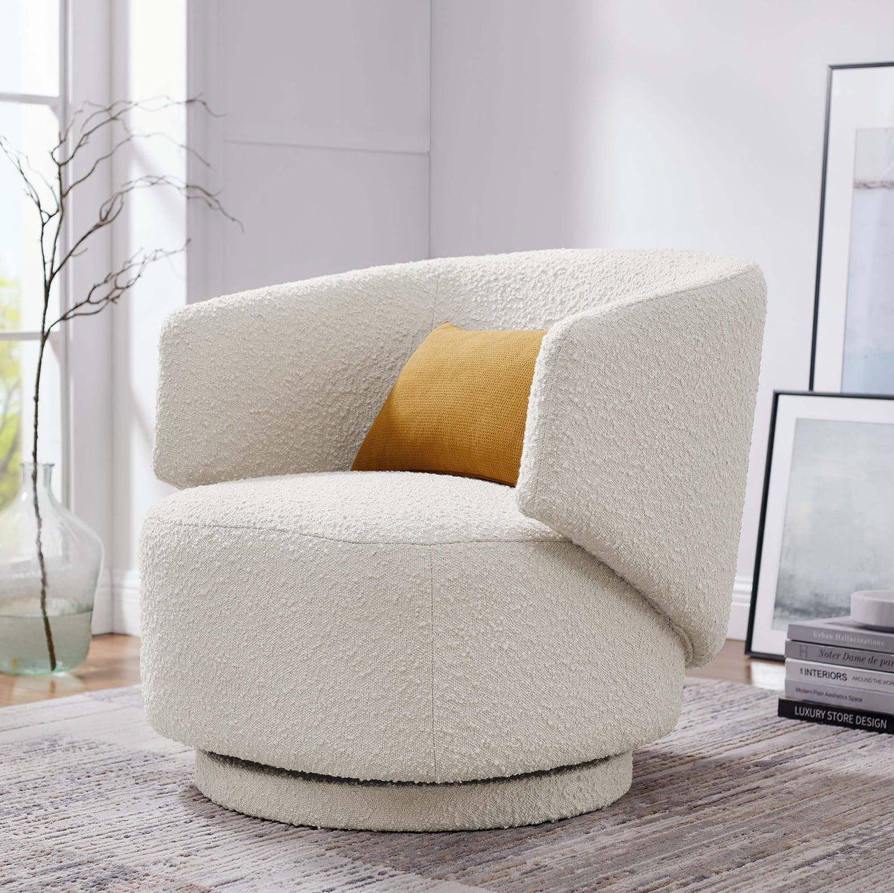 Elarin Boucle Swivel Chair, Ivory