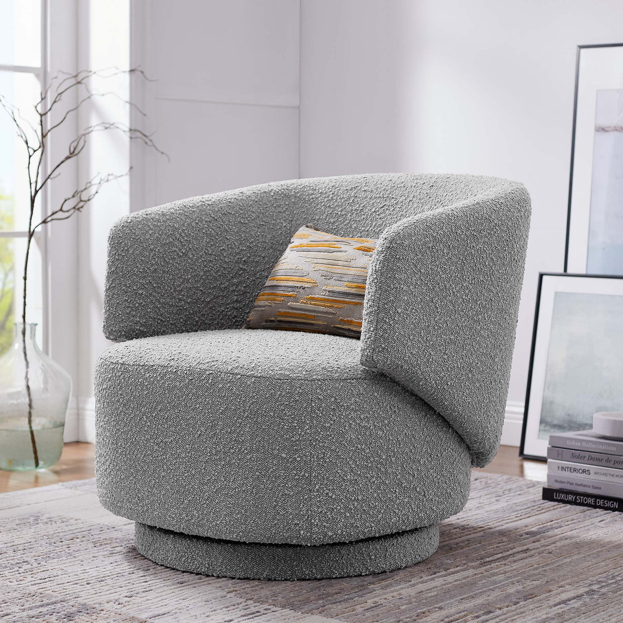 Elarin Boucle Swivel Chair, Light Gray
