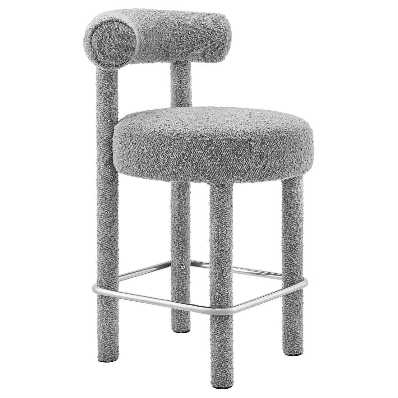 Metropole Upholstered Boucle Counter Stool, Light Gray & Silver